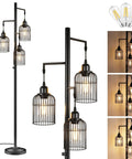 Industrial Floor Lamp For Living Room And Office With Three Birdcage Shades LED Stepless Dimmable Tall Farmhouse Style Black Lamp Rustic Home Decor For Bedroom Den Bulbs Included showing lamp in various angles and light modes