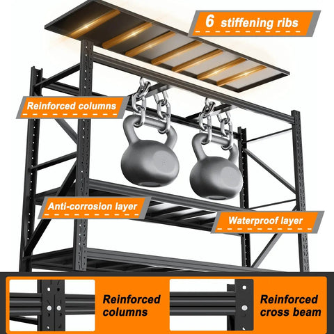 Heavy Duty Warehouse Shelving 4 Tier Industrial Steel Storage Rack With Adjustable Levels For Garage And Factory Commercial Use 2600 Pound Load Capacity Per Shelf showing reinforced columns and weight support.