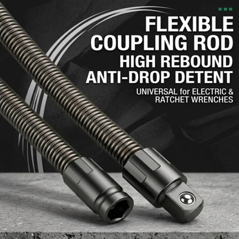 Close-up of a flexible coupling rod with anti-drop detent, universal for electric and ratchet wrenches, on textured surface.