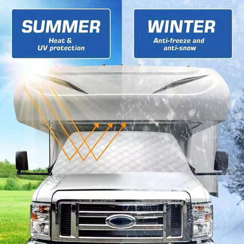 RV Windshield Sun Shade For Solis 59PX 2020 To 2026 Exterior Mounted Windshield Cover shown in summer and winter use.