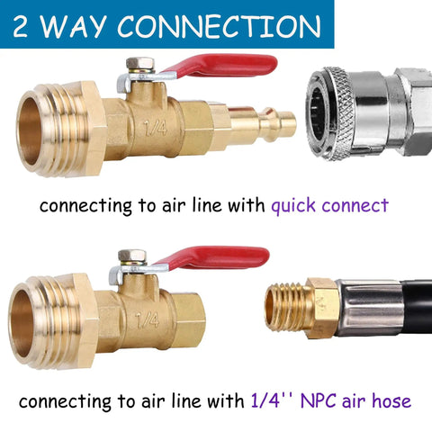 Heavy Duty RV Winterize Blowout Adapter Kit With One Quarter Inch Quick Connect Plug And Three Quarter Inch Male GHT Thread, Ball Valve Fitting And Washers For Winterizing RV Boat Camper Trailer close-up showing 2-way connection.
