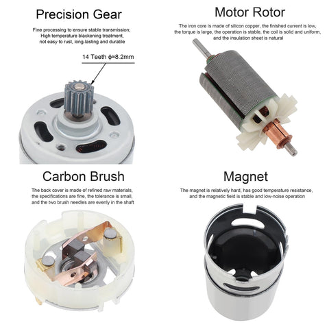 RS550 DC Motor 8.2mm Gear 14 Teeth Micro Motor 21V 28000RPM components: precision gear, motor rotor, carbon brush, magnet