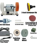Compact Electric Bench Sander With Adjustable Speed Polisher And Knife Sharpener showcasing components like drill chuck and polishing wheels.