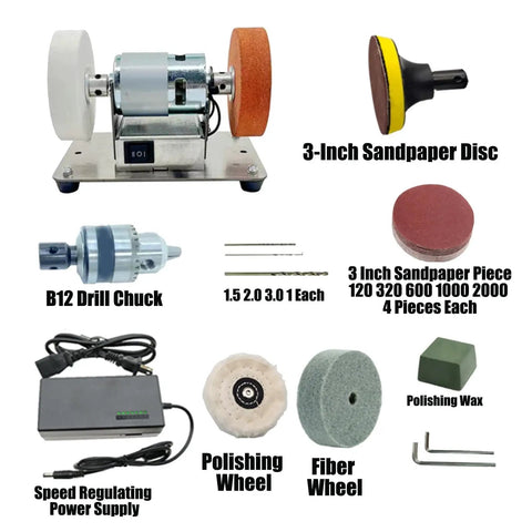 Compact Electric Bench Sander With Adjustable Speed Polisher And Knife Sharpener showcasing components like drill chuck and polishing wheels.