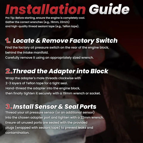 Installation guide for Stainless Steel Oil Pressure Sensor Thread Adapter 1/8-27 NPT Dual Port Kit for Chevy engines.