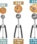 Triple Cookie Scoop Set With 1 Tbsp, 2 Tbsp, And 3 Tbsp Sizes, 18/8 Stainless Steel With No Slip Grip for precise portioning and baking.
