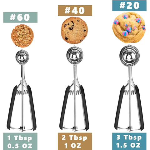 Triple Cookie Scoop Set With 1 Tbsp, 2 Tbsp, And 3 Tbsp Sizes, 18/8 Stainless Steel With No Slip Grip for precise portioning and baking.