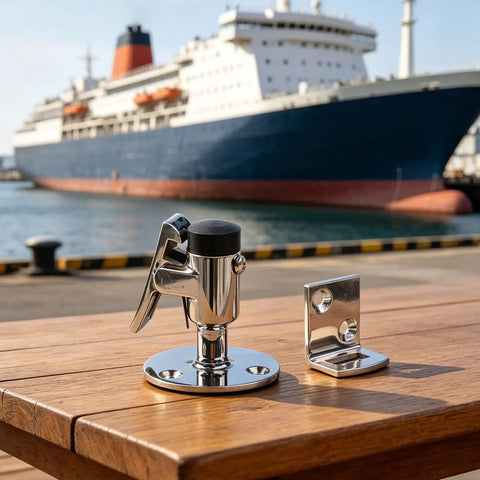 Heavy Duty Marine Grade 316 Stainless Steel Door Holder Catch With Rubber Bumper To Stop Slamming Noise And Keep Your RV Or Yacht Door Securely Locked In Place Without Rusting In Saltwater Conditions, displayed on a wooden table with a ship in the background.