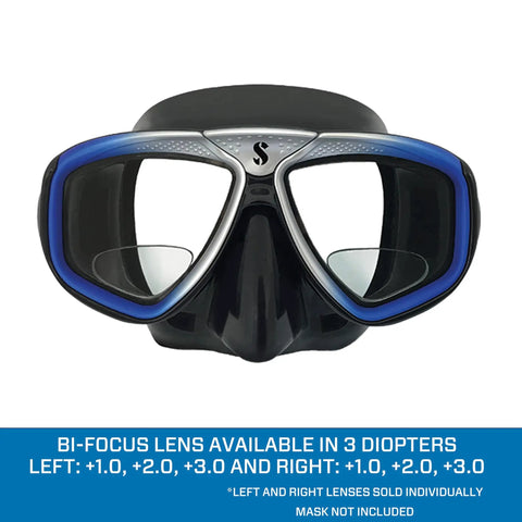 Bi-Focus Optical Lens For Zoom Scuba Mask Right Side 3.0 Diopter shown with mask, farsighted diver upgrade option available