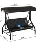 Three Seat Outdoor Patio Swing With Adjustable Canopy And Backrest Cozy Cushioned Porch Swing For Backyard Garden And Poolside Hangouts Heavy Duty 750 Lbs Capacity Black with dimensions