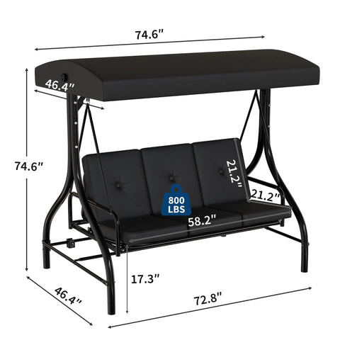 Three Seat Outdoor Patio Swing With Adjustable Canopy And Backrest Cozy Cushioned Porch Swing For Backyard Garden And Poolside Hangouts Heavy Duty 750 Lbs Capacity Black with dimensions