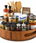 Top Shelf 12 Inch Acacia Wood Lazy Susan Turntable Organizer Built With A Super Slick 360 Degree Swivel Roll Prime Pick For Nifty Cabinet Kitchen Pantry And Bathroom Counter Storage Organization with spices and jars.