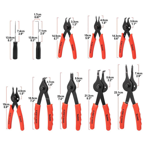 Snap Ring Pliers Set 10 Piece Kit For Internal And External Retaining Rings With Bent And Straight Tips Heavy Duty Automotive Tools Include Pick And Storage Case displayed with measurements
