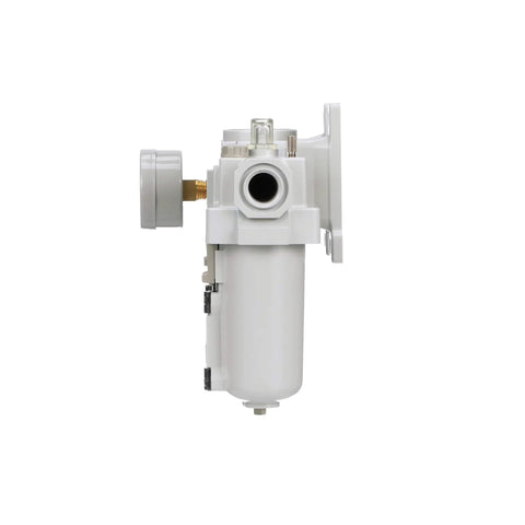 Side view of Compressed Air Filter Regulator Lubricator Combo with One-Half Inch NPT, metal bowl, manual drain, and gauge.