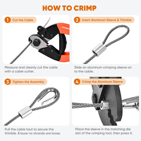 164 Foot 1/8 Inch Stainless Steel Cable Kit With Crimping Tool And Cable Cutter demonstrating crimping steps