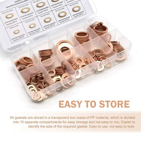 Copper Crush Washer Kit 200 Piece Assortment For Oil Drain Plugs And Gaskets Flat Ring Seals in nine sizes M5-M14 in a box
