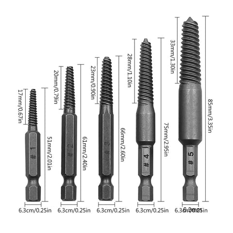 Heavy Duty Bolt Extractor Kit With Fluted Shank Design For Stripped Screws And Damaged Fasteners That Grip Tighter Under Torque To Save Your Bones When Removing Tough Rusty Steel Studs, Socket Heads, And Frozen Hardware Fast And Easy Without Breaking A, 5-piece steel set, 17-33mm