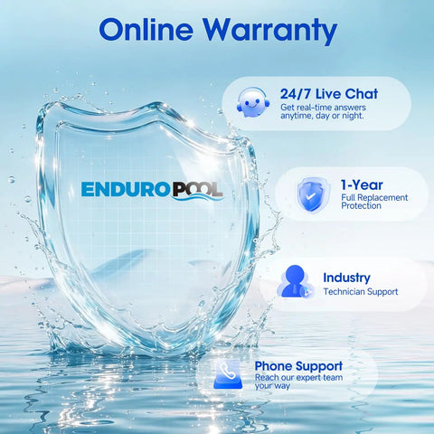 Online warranty graphic with shield, text details on 24/7 support and 1-year protection for ENDURPOOL products.