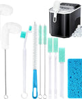 Ten Piece Ice Maker Cleaning Brush Set with Scrub Sponge and Bendable Elbow Right Angle and Pipe Brushes in front of ice maker