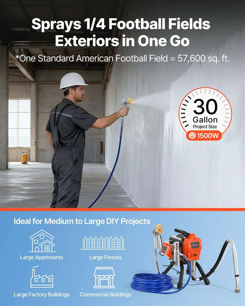 Heavy Duty Stand Airless Paint Sprayer With 1500W Motor And 3300 PSI Pressure, spraying wall in large space, 30 gallon project size.
