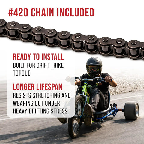 Rider on drift trike with visible #420 chain close-up, part of 36 Inch Drift Trike Shaft Kit With 12 Axle Nuts And 4 Lock Collars For Beefed Up Ride Aluminum Tubular Axle 11x6 Wheel 420 Chain Includes Racing Slick Tires And Heavy Duty Hardware For Safe Thrills.