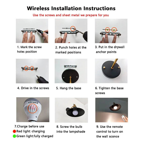 Installation steps for Two Pack Black Swing Arm Wall Sconces With Remote Control Cordless Battery Powered LED Wall Lamps