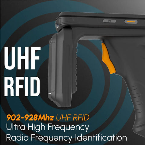 Side view of Rugged Android Barcode Scanner With UHF RFID Reader And Zebra SE4710 Engine Impinj E710 with ergonomic grip.