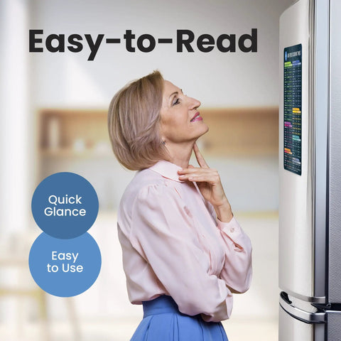 Woman using Air Fryer Cheat Sheet Magnet Set For Quick Times And Temperatures A Magnetic Guide For 100 Plus Foods on fridge