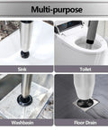 Kick Loose Deep Clogs Fast With This High Pressure Toilet Plunger And Multi Purpose Heavy Duty Bathroom Auger Offering Six Snap On Heads For Clearing Sink And Drain Lines Every Day Grey in use across sink, toilet, washbasin, and floor drain.