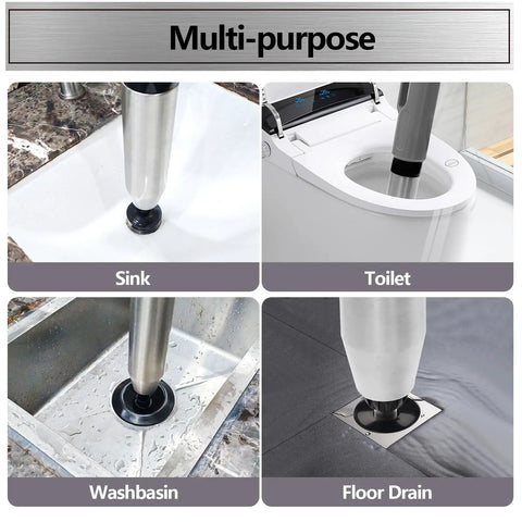 Kick Loose Deep Clogs Fast With This High Pressure Toilet Plunger And Multi Purpose Heavy Duty Bathroom Auger Offering Six Snap On Heads For Clearing Sink And Drain Lines Every Day Grey in use across sink, toilet, washbasin, and floor drain.