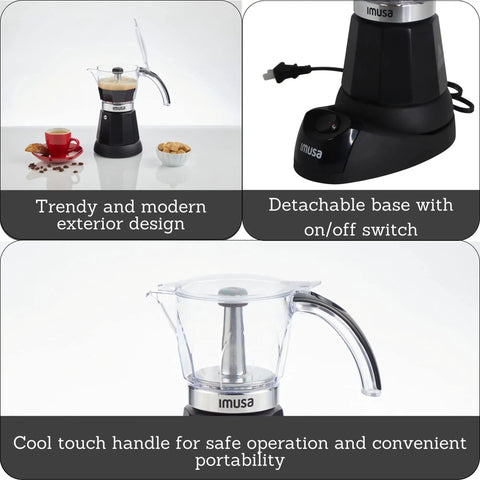 6 Cup Or 3 Cup Electric Espresso Maker black coffee machine with durable cast aluminum base and easy to use controls