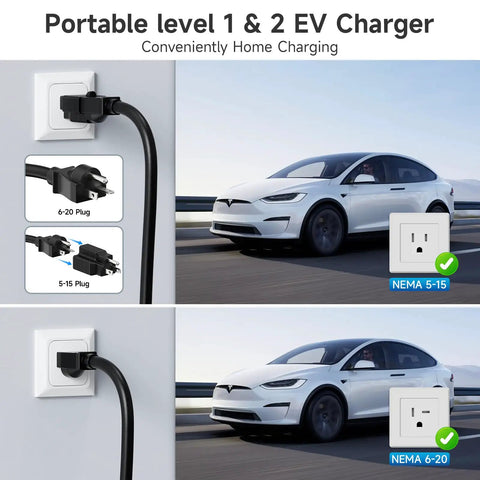 Ready To Roll Tesla Charger And Electric Vehicle Wall Plate Level 1 And 2 Portable Ev Plug 5 Meter Wire 16 Amp 3.6Kw Adjustable Juice With Standard Nema Outlets For Your Daily Driver, featuring charging plugs and Tesla vehicle.