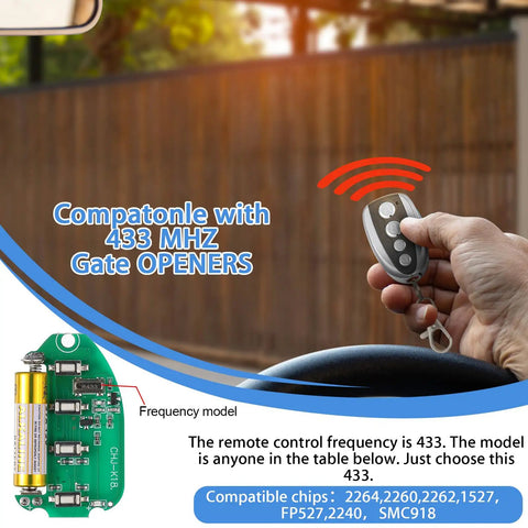 Hand holding remote from 4 Pack Gate Opener Remote Cloning Kit For Garage Doors 433MHz Key Fob Replacement beside car dashboard.