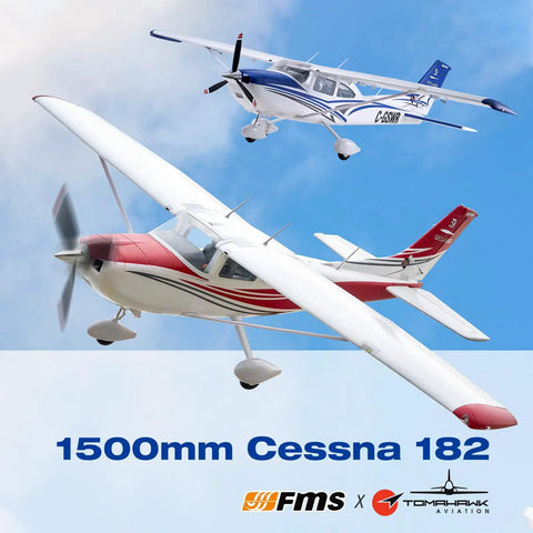 1500mm Cessna 182 RC Plane For Beginners And Adults, red and white aircraft flying in blue sky with propeller visible
