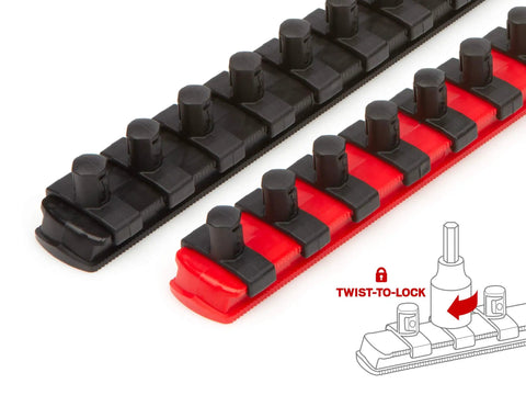 Black and red twist-to-lock rail for 3/8 Inch Drive Hex Bit Socket Set, 10-Piece, 3–10 Millimeter, S2 Steel Rail, Press-Fit Connection