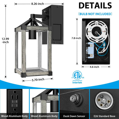 Dusk To Dawn Outdoor Wall Light With GFCI Outlet Industrial Rugged Waterproof Wall Lantern With Rustic Wood Finish, dimensions and features