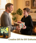 Father and son exchanging gift beside 3D Wooden Puzzle Night Light with Van Gogh Cat Design on table