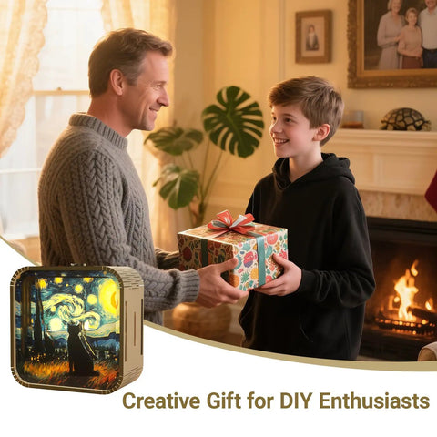 Father and son exchanging gift beside 3D Wooden Puzzle Night Light with Van Gogh Cat Design on table