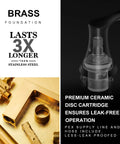 Diagram showing Black And Gold 8 Inch Widespread Bathroom Faucet With 3 Holes And Two Handles, highlighting brass durability and ceramic disc cartridge