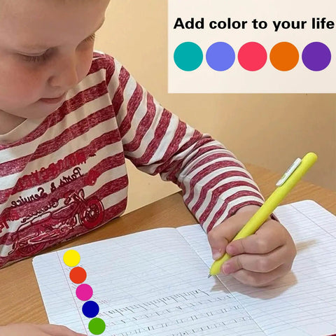 Child using yellow pen with Color Coding Dot Stickers Set 2800 Pack of Round Polka Dot Labels in 10 Bright Colors visible on desk