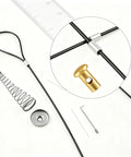 Heavy Duty Black Stainless Steel Gate Latch Cable Pull Kit With Spring Tension Adjustment showing components and tools for installation.