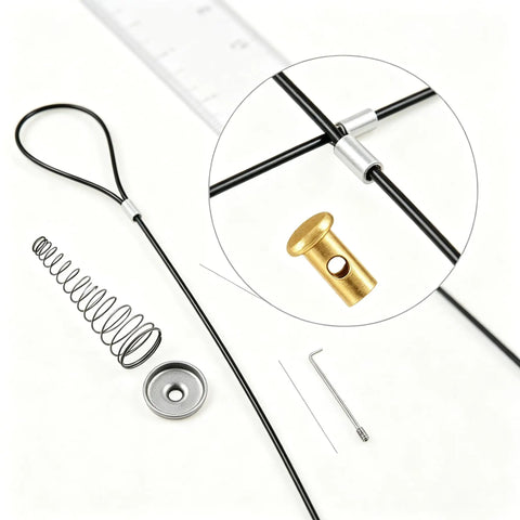 Heavy Duty Black Stainless Steel Gate Latch Cable Pull Kit With Spring Tension Adjustment showing components and tools for installation.