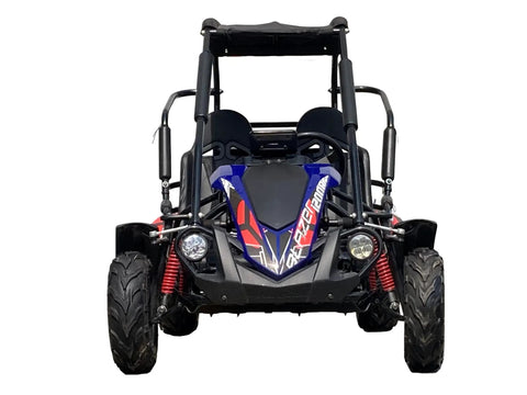 Electric Youth Go Kart With Reverse, Dual Speed Modes 15 MPH And 27 MPH, 60V 1.8KW Motor, 48V 29Ah Lithium Battery, Mid Size Kid Cart, Blue Body Kit, Ages 10 And Up front view