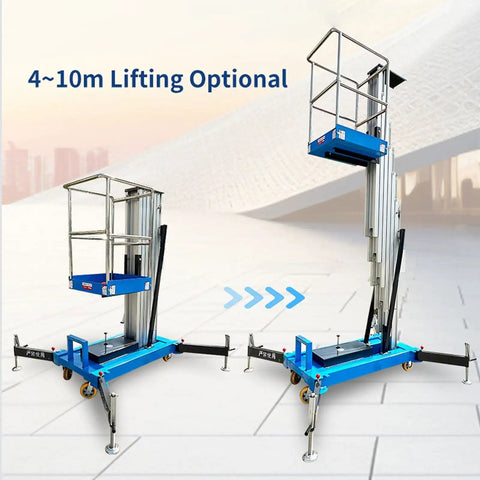26 Foot Electric Aerial Work Platform And Aluminum Alloy Lift Table Featuring Smooth Hydraulic Drive Slick Operation Heavy Duty Mobile Scaffold For Tight Spots And No Sweat Assembly, showing optional lifting range 4-10m.
