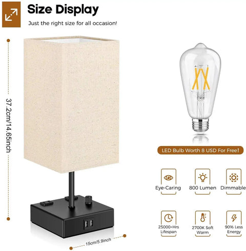 Fully Dimmable USB Bedside Lamps Set of 2 With Dual USB Ports and 2 AC Outlets, modern square fabric shade lamp with LED bulb shown