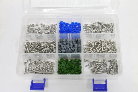 Top Notch 320 Piece Weather-Pack Terminal Kit For 10-20 AWG Wire, Male And Female Quick Disconnect Splice Connectors With Sealer And Removal Tool, Perfect Auto Gear Up And Heavy Duty Electrical Jobs. Clear organizer box with assorted Weather-Pack terminals and seals