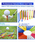 Natural Hardwood Golf Tees 3 1/4 Inch, 120 Pack, Biodegradable Wooden Tees, Mixed Colors with golf ball on red tee