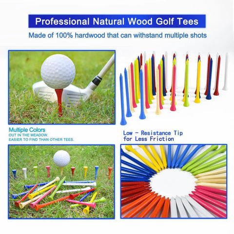 Natural Hardwood Golf Tees 3 1/4 Inch, 120 Pack, Biodegradable Wooden Tees, Mixed Colors with golf ball on red tee