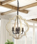 Rustic Wood Four Light Chandelier With Adjustable Suspension Chain For Foyers, Dining Rooms, Living Rooms And Kitchens, Vintage Round Sphere Design With Hand Painted Finish And Bronze Candle Sockets in a sunlit room.