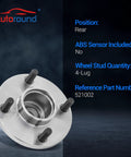 Rear Wheel Bearing And Hub Assembly Set Of 2 For Ford Focus 2000 2009 Rear Disc Brake Models Only, 4 Lug, Fits Driver And Passenger Sides, No ABS, Direct Bolt On Replacement.